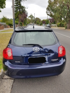 Toyota Corolla Hatch 2008 used car part search Hi, 
I need the tailgate, rear bumber and antenna whip please.

Dark blue, color code 8S6.

Thank you.