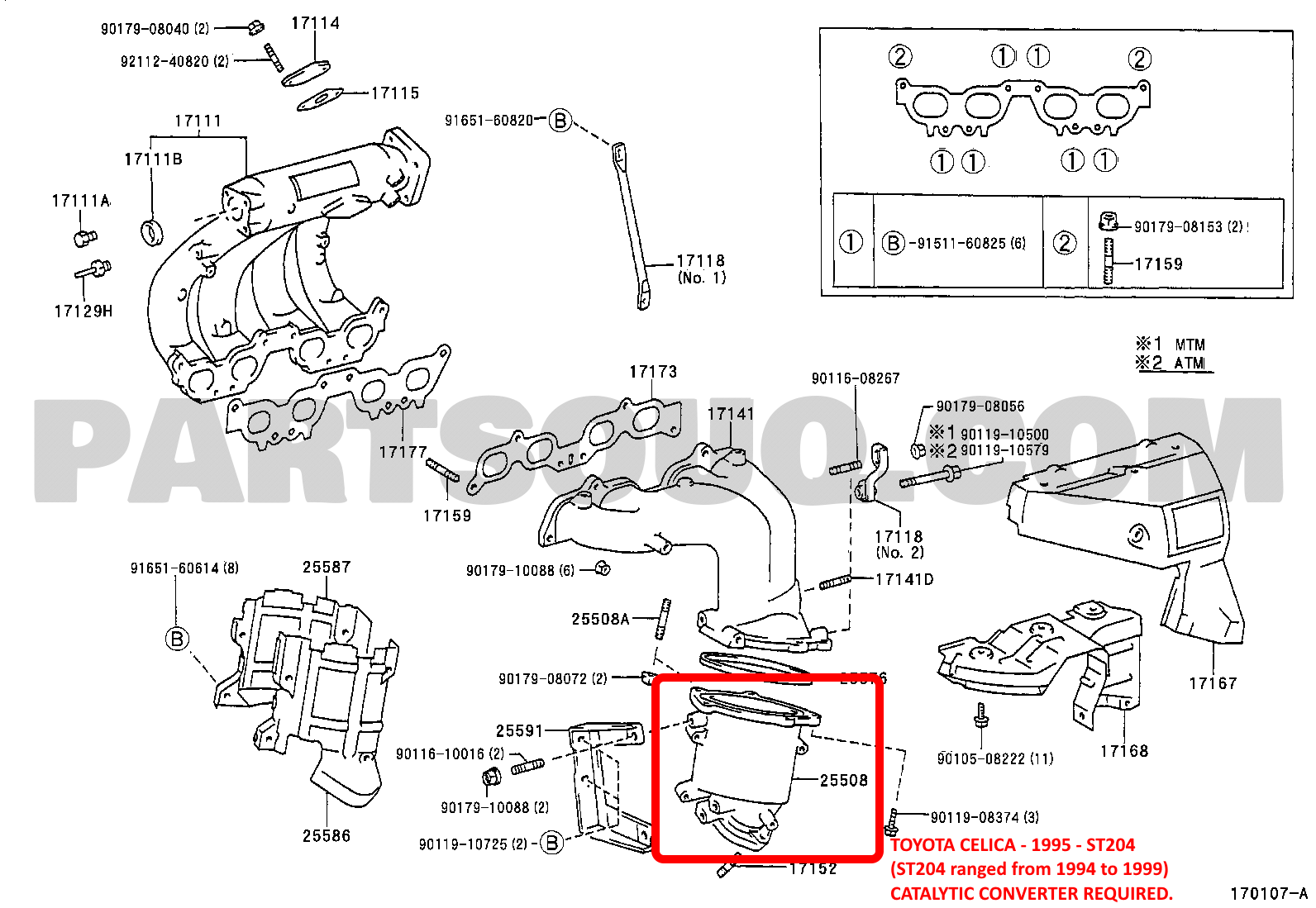 Toyota Celica Hatch 1995 used car part search Catalytic Converter (vertical mount off the exhaust manifold, see part list image attached)
Used in the ST204 Celica range 19