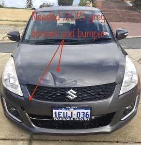 Suzuki Swift Hatch 2015 used car part search Bonnet and front bumper grey if possible